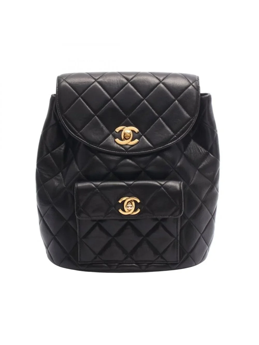 Chanel Backpack Quilted Turnlock Chain Black Lambskin Double